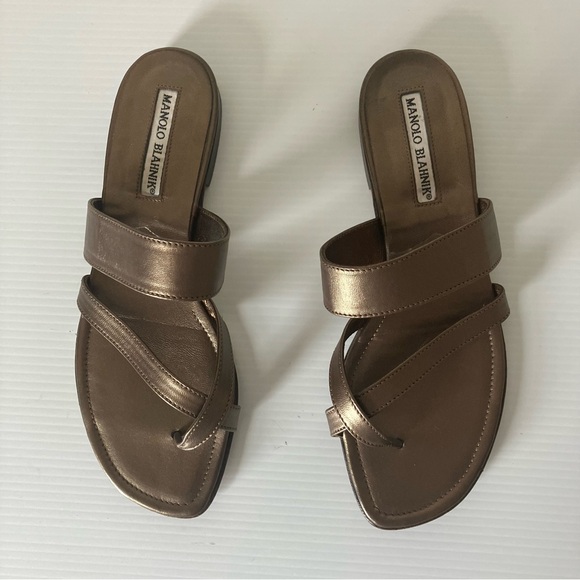 Manolo Blahnik Bronze Susa Leather Flat Sandal size EU 37.5 US 7 - Picture 6 of 10